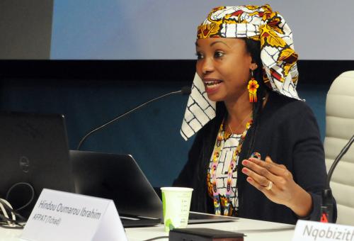 A picture of Hindou Oumarou Ibrahim talking at a conference